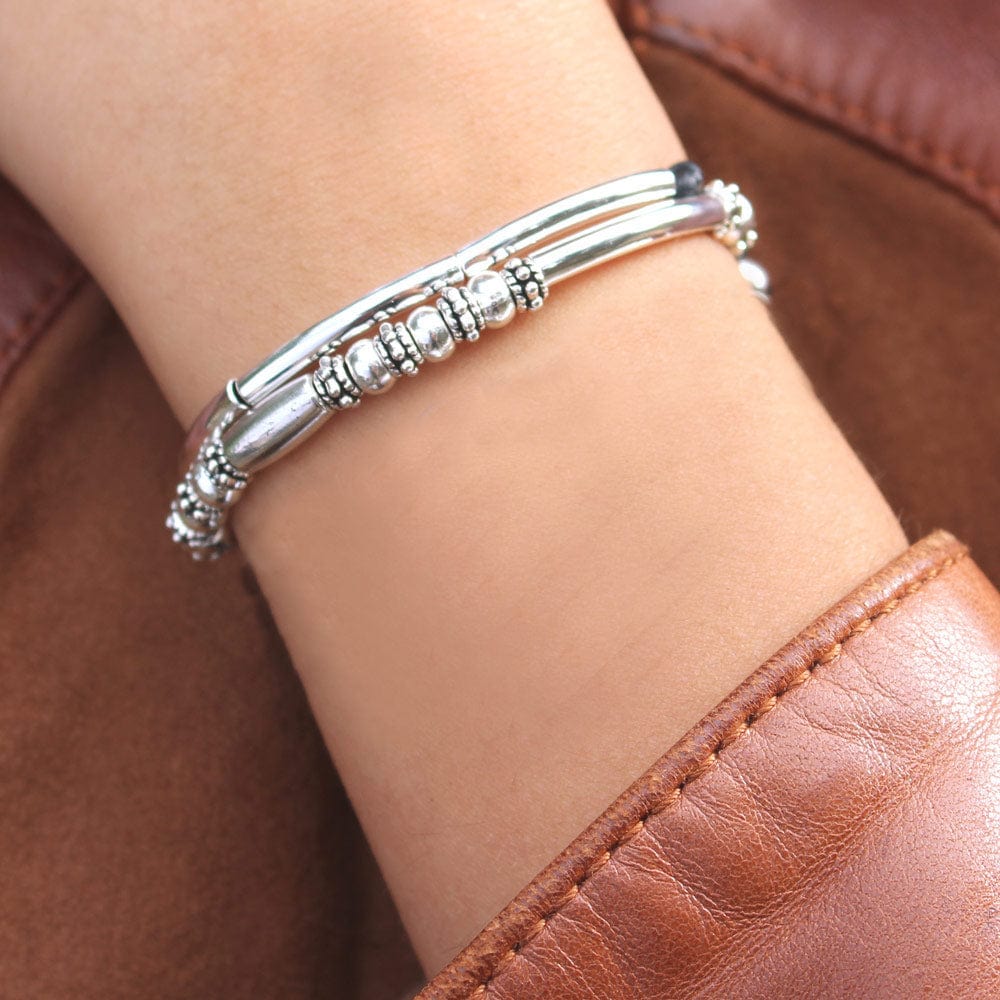 Bijou Silver Adjustable Bracelet in Black Leather for Women