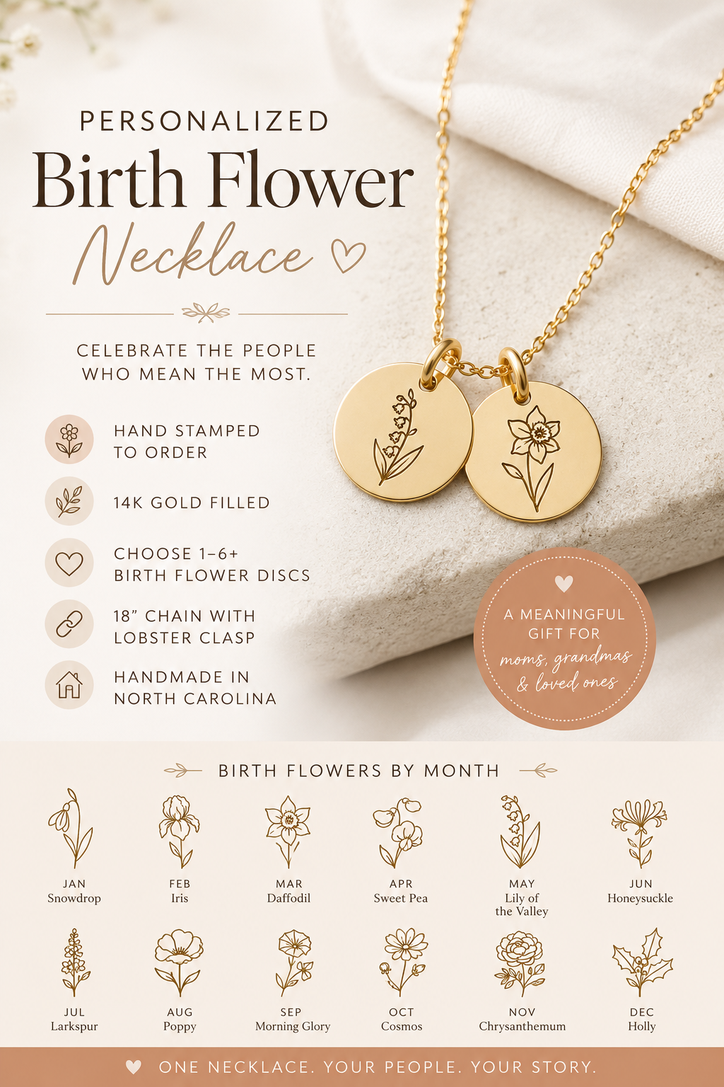 Birth Flower Necklace | Hand Stamped | 14K Gold Filled