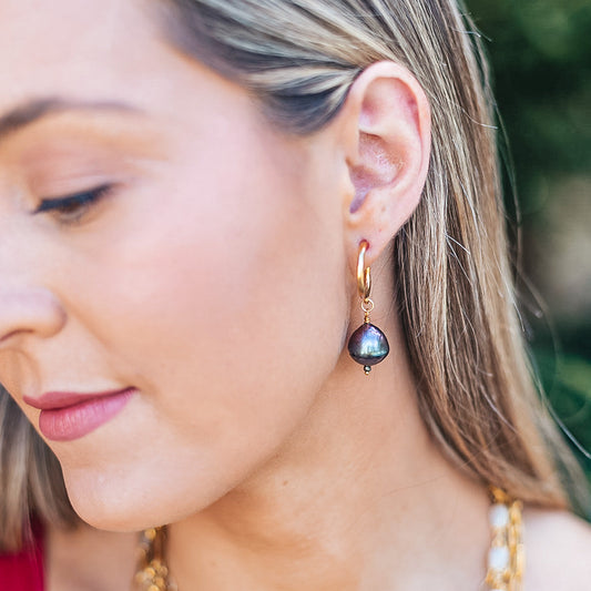 Black Baroque Pearl Hoop Earrings