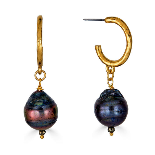 Black Baroque Pearl Hoop Earrings