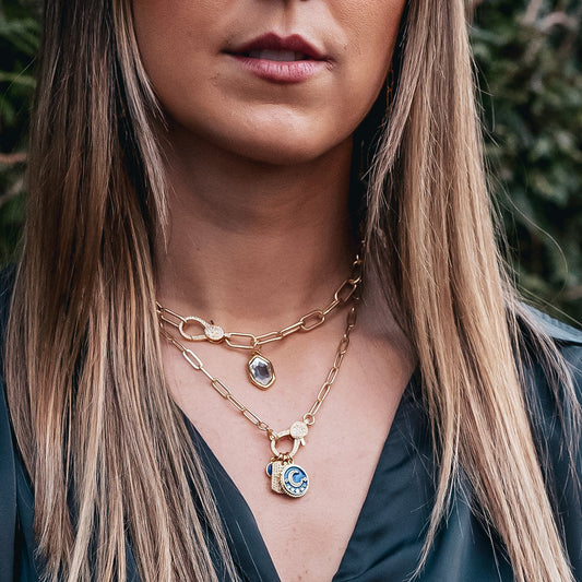 Blue Moon and Star Charm Necklace on Paperclip Chain