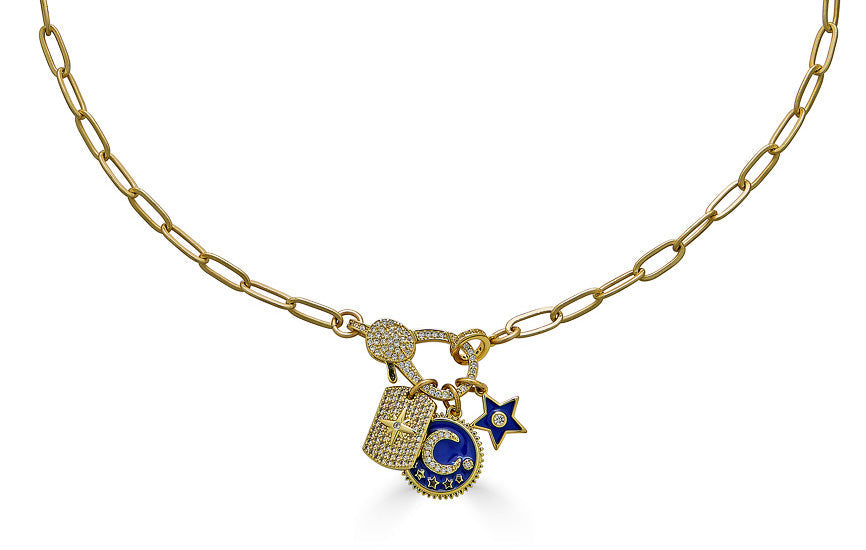 Blue Moon and Star Charm Necklace on Paperclip Chain