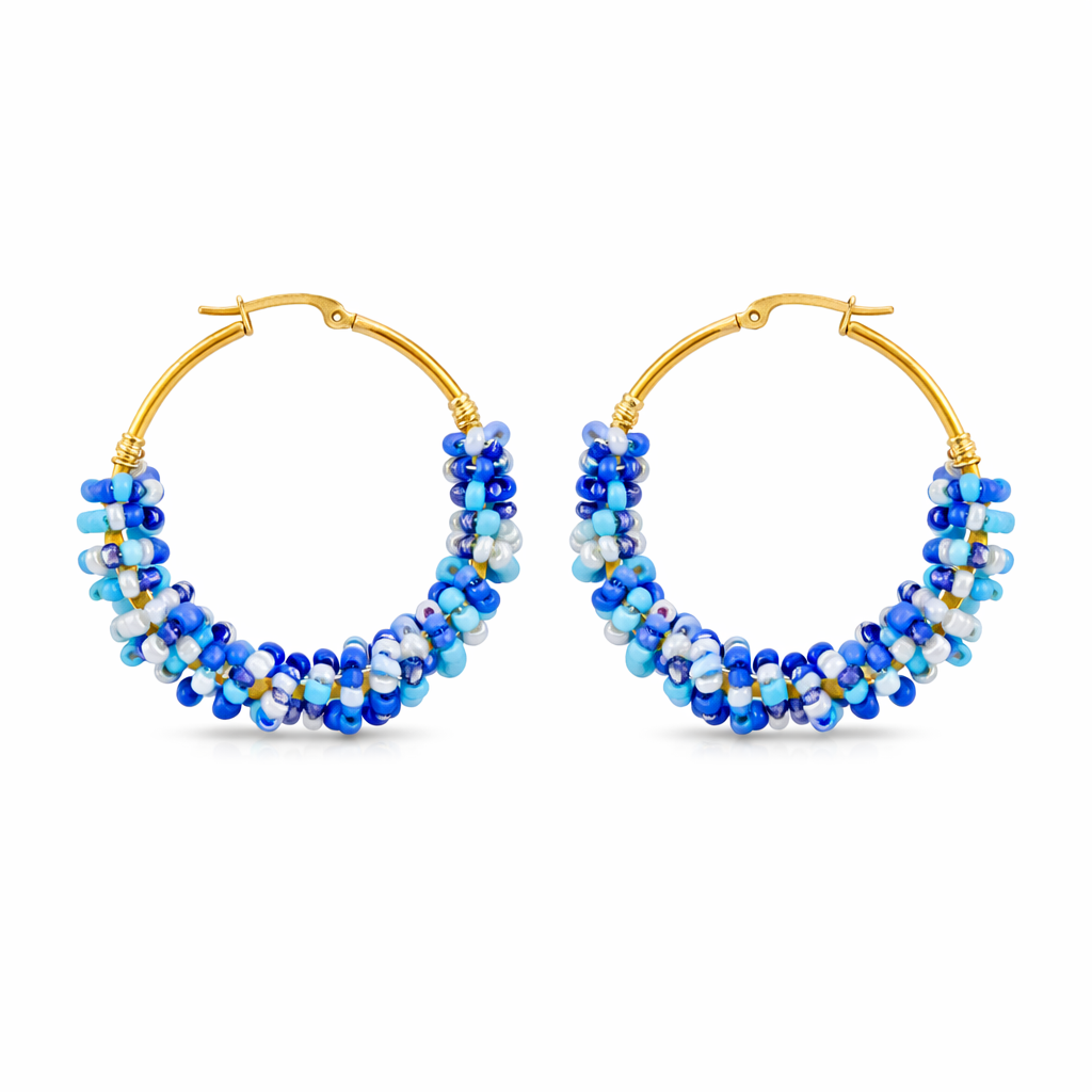 OOAK Blue Beaded Hoop Earrings – Gold Plated Stainless Steel, 2" Handmade Hoops