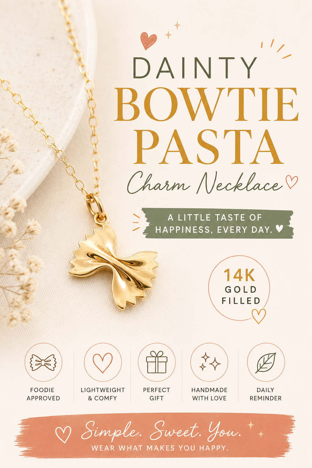 Dainty Bowtie Pasta Charm Necklace – 14k Gold Filled | Handmade Foodie Gift