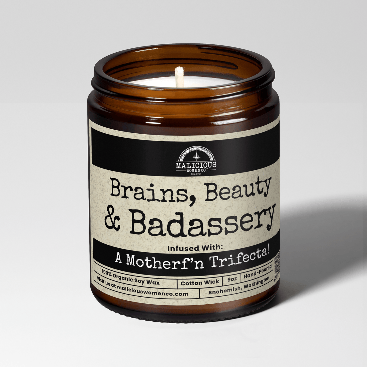 Brains Beauty Badassery | Scent: Rebel Rose | 9oz Funny Candle | Malicious Women Co