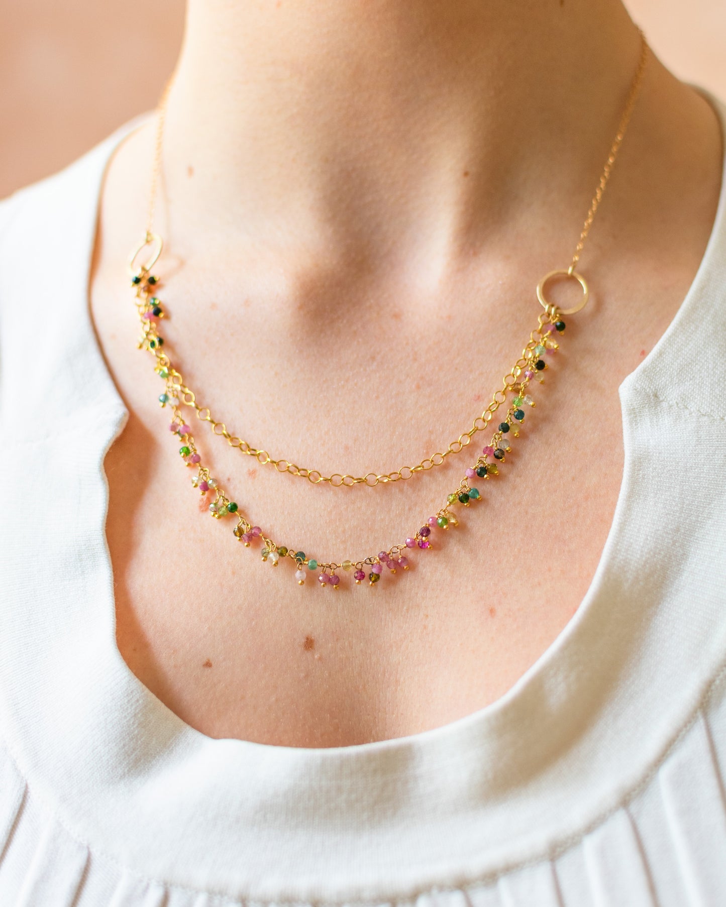 One of a Kind Tourmaline Cluster Necklace – Dual Layer Gold Filled Statement Necklace – Handmade in Raleigh