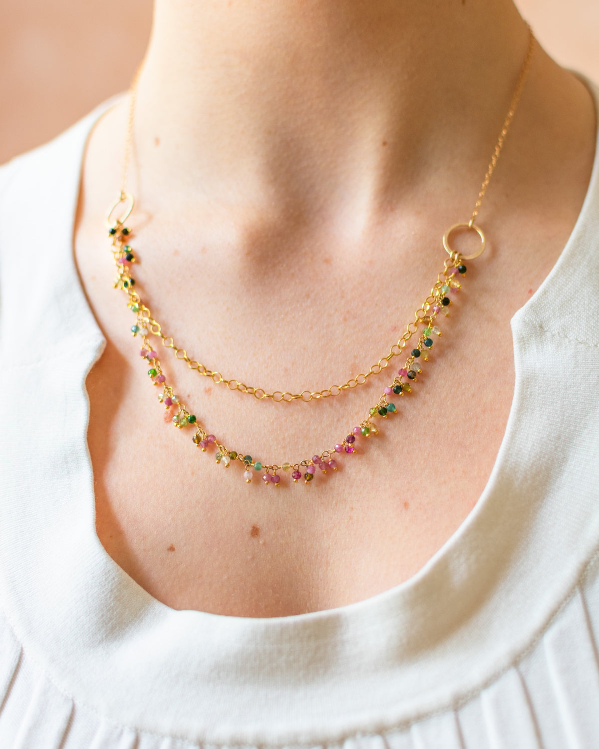 One of a Kind Tourmaline Cluster Necklace – Dual Layer Gold Filled Statement Necklace – Handmade in Raleigh