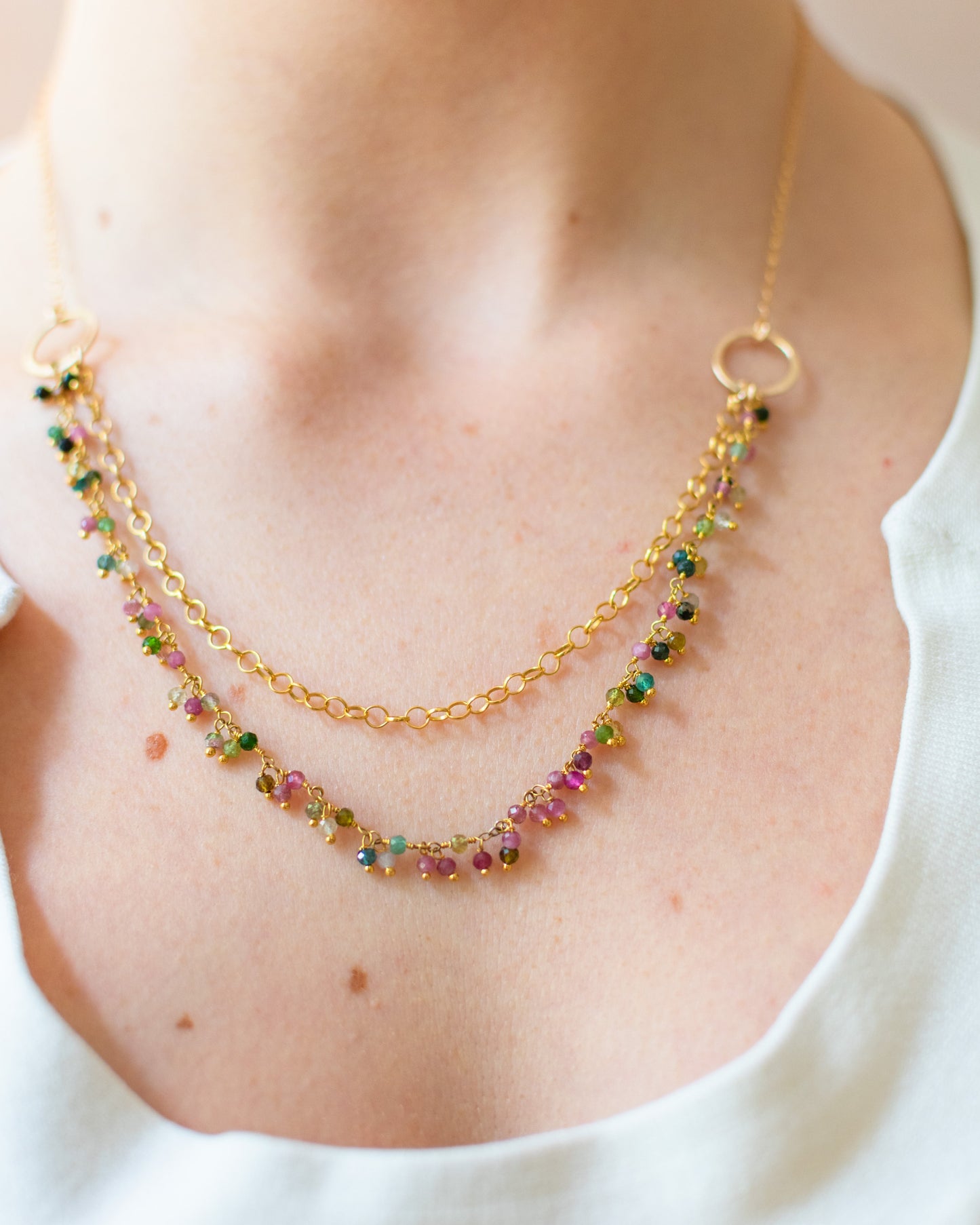 One of a Kind Tourmaline Cluster Necklace – Dual Layer Gold Filled Statement Necklace – Handmade in Raleigh