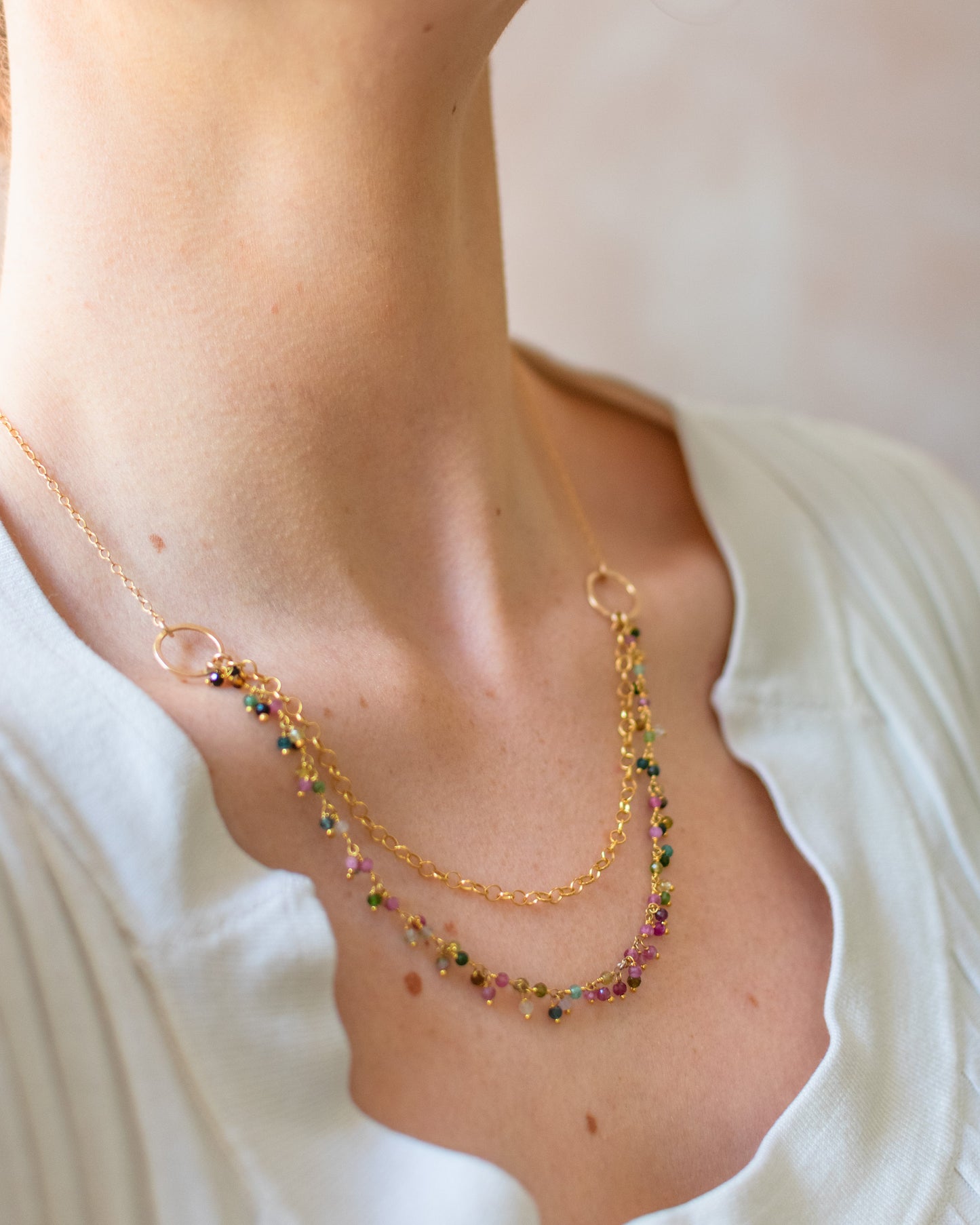One of a Kind Tourmaline Cluster Necklace – Dual Layer Gold Filled Statement Necklace – Handmade in Raleigh