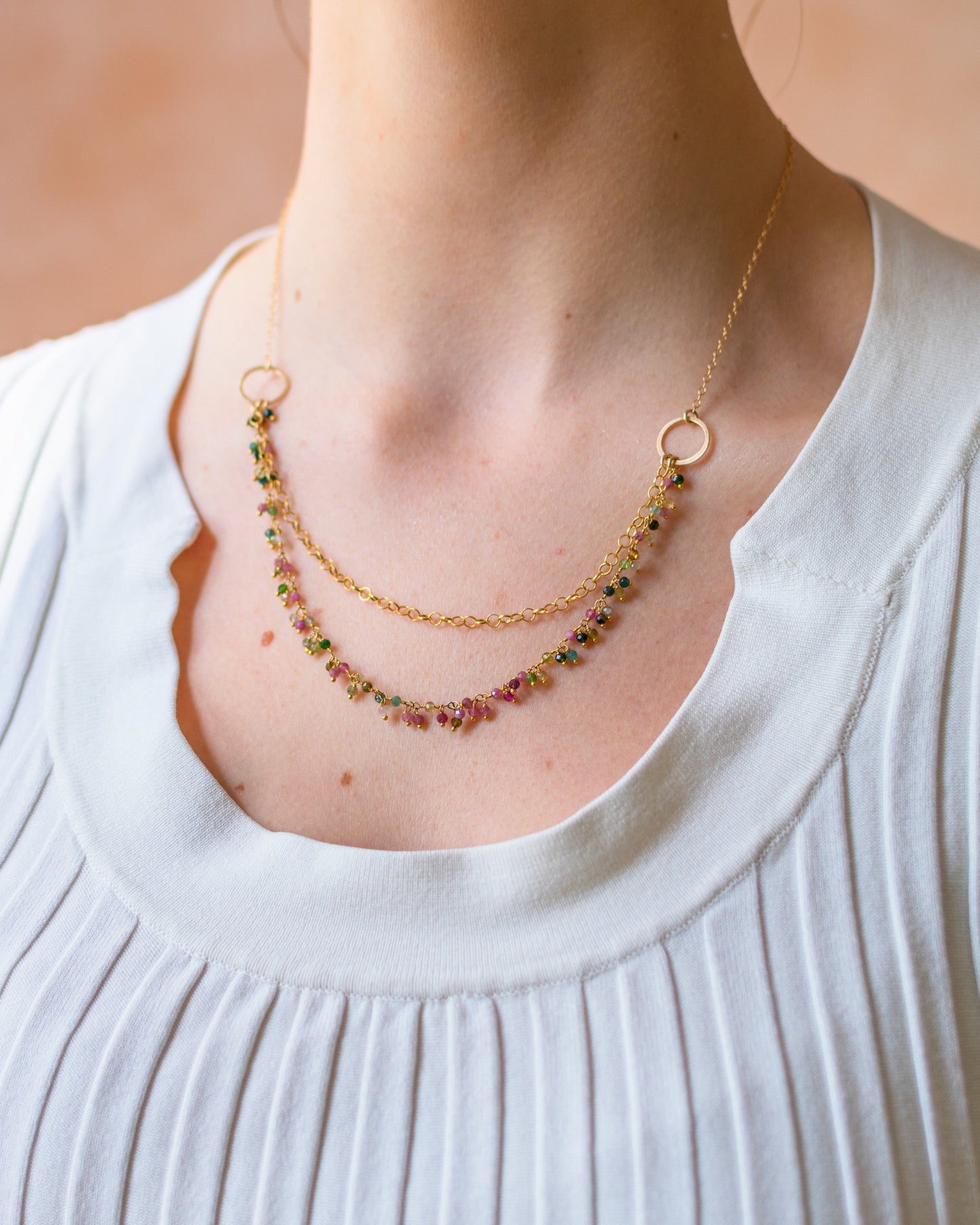 One of a Kind Tourmaline Cluster Necklace – Dual Layer Gold Filled Statement Necklace – Handmade in Raleigh