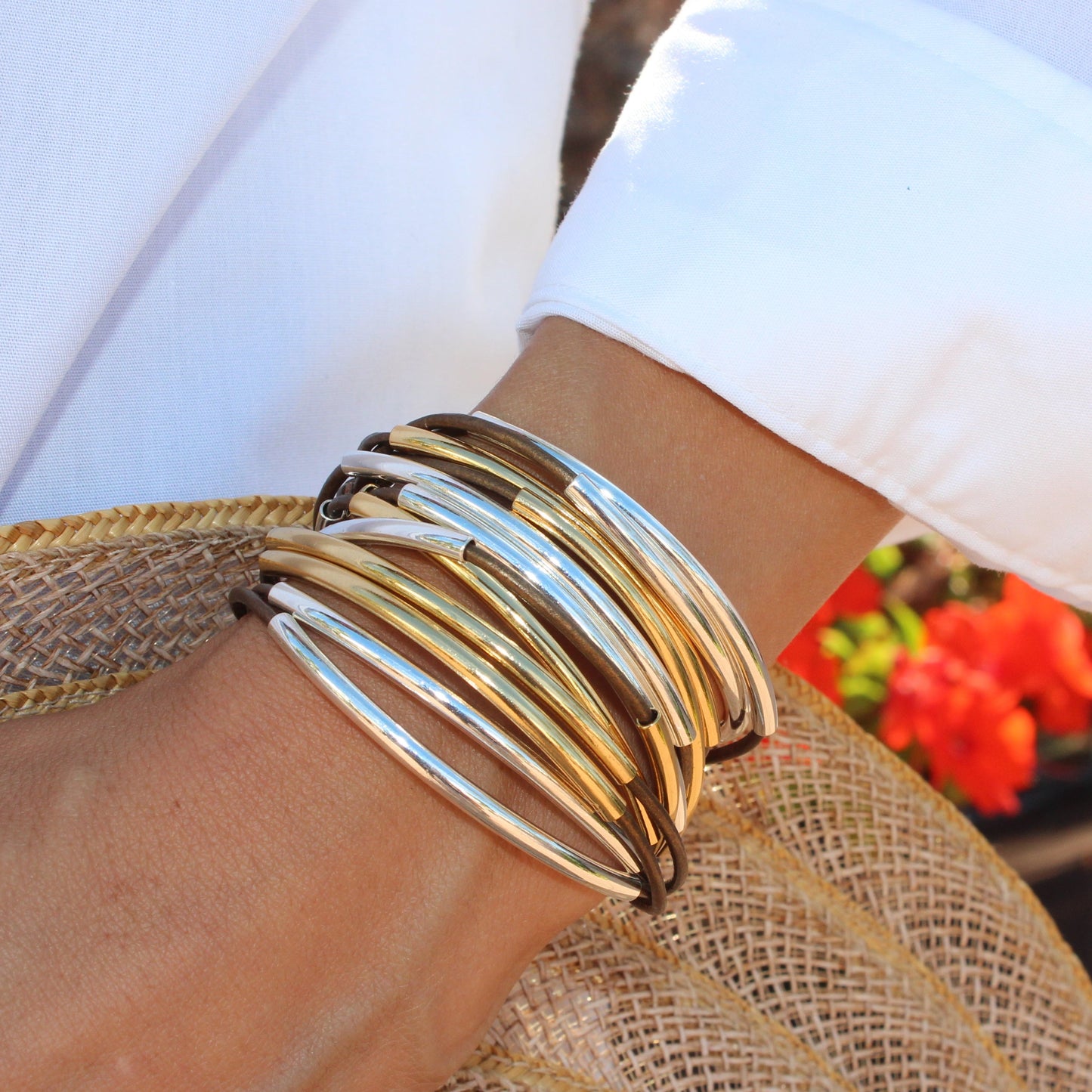 Lizzy Classic 4 Strand Metallic Bronze Leather Convertible Wrap Bracelet Necklace in Gold & Silver