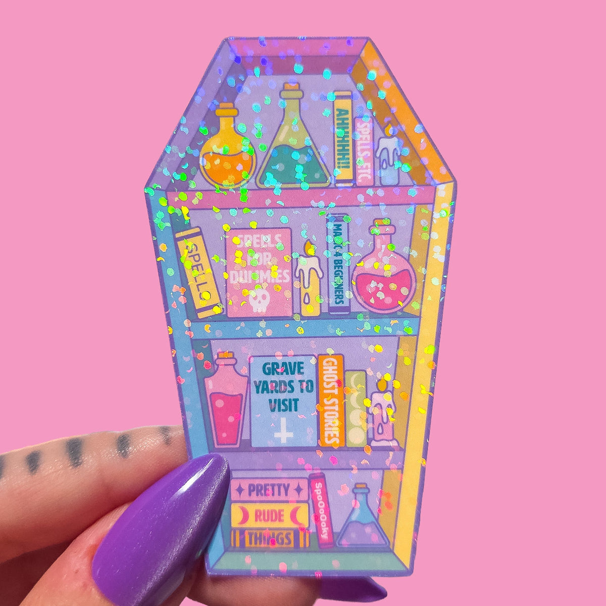 Pastel Goth Coffin Bookcase Sticker, 3 x 1.9 in.