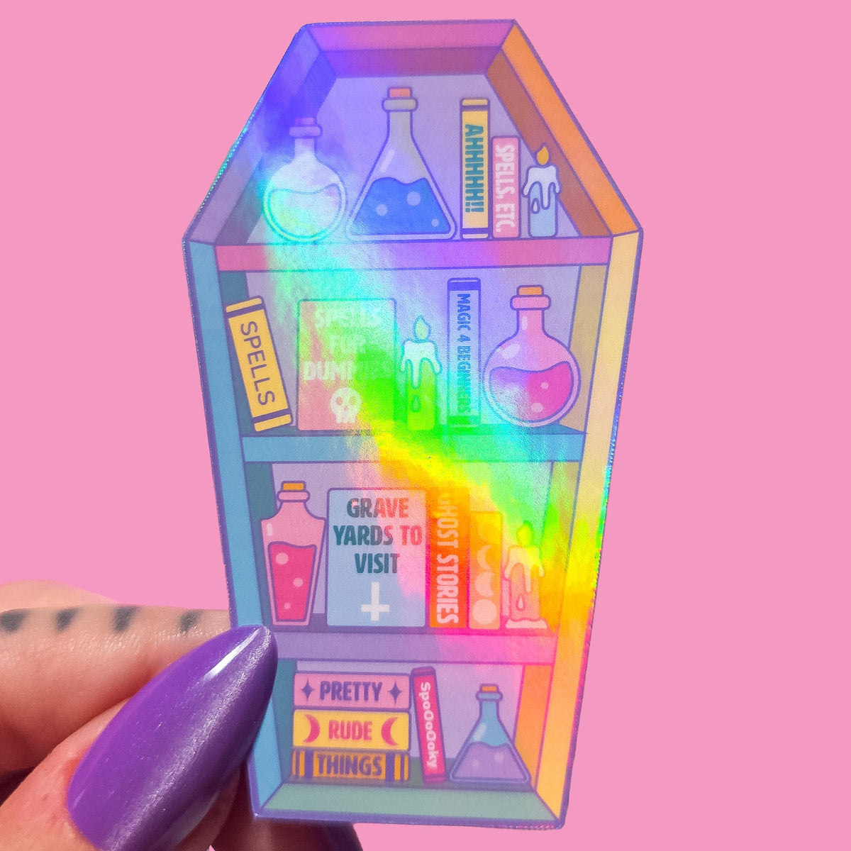 Pastel Goth Coffin Bookcase Sticker, 3 x 1.9 in.