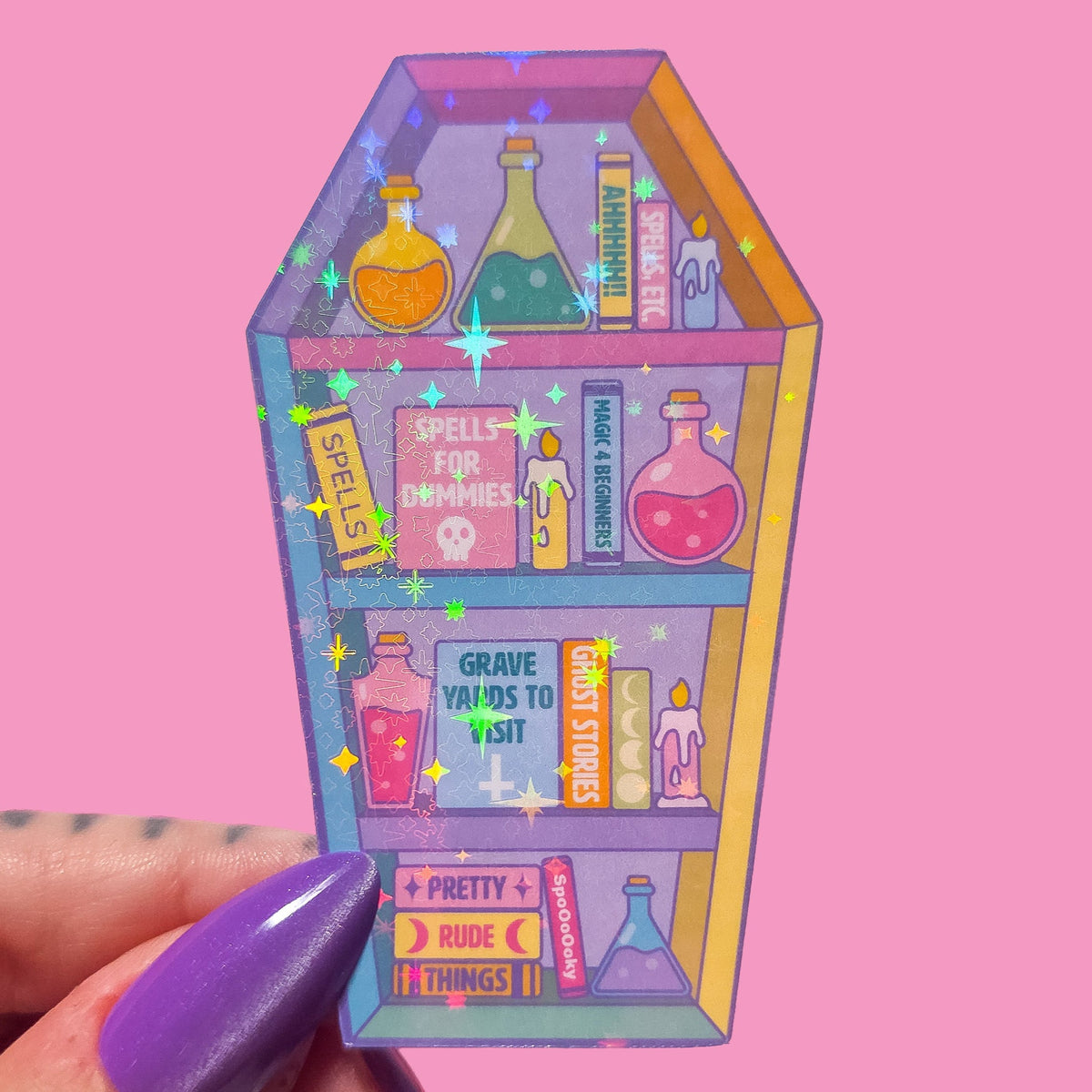 Pastel Goth Coffin Bookcase Sticker, 3 x 1.9 in.
