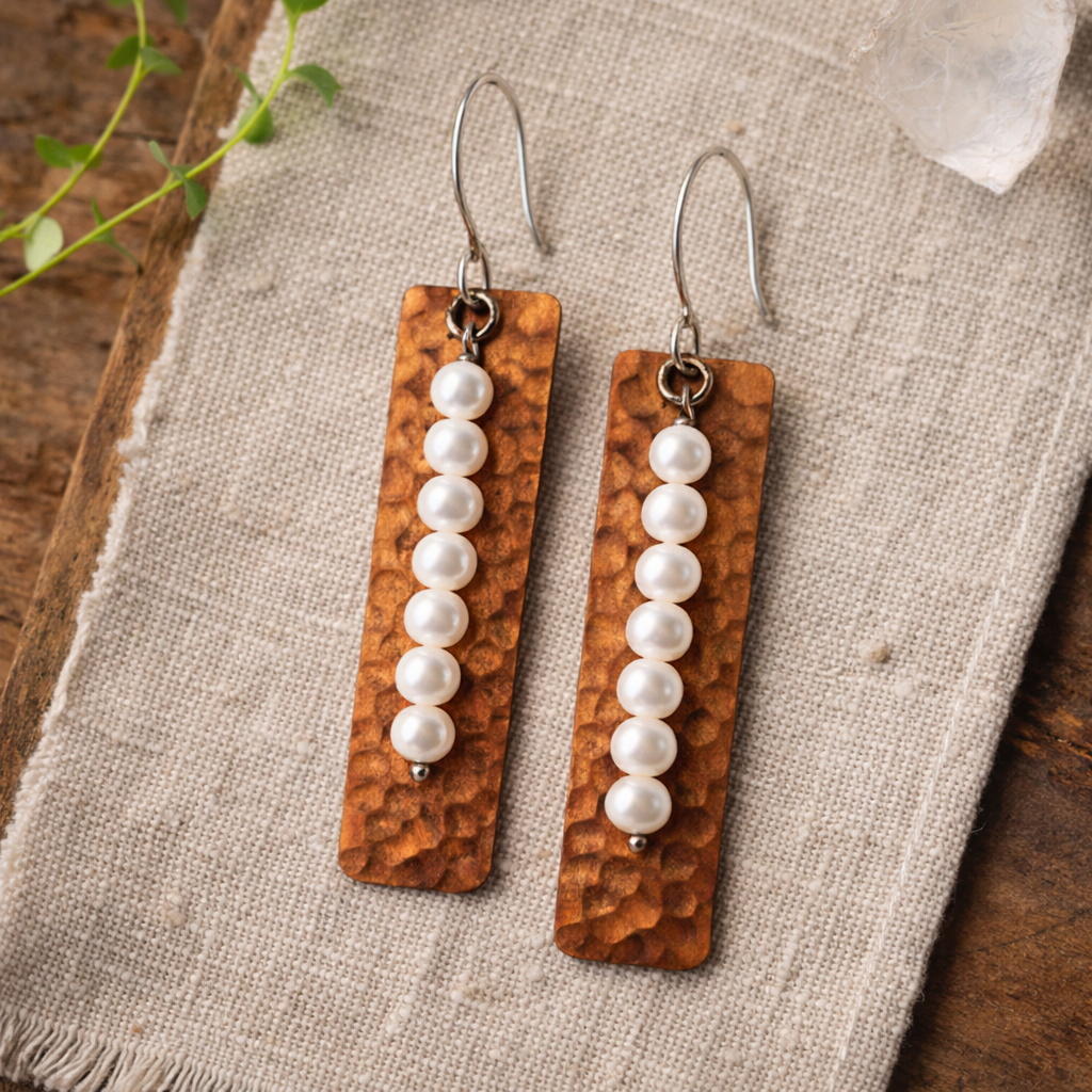 Hammered Copper & Freshwater Pearl Bar Earrings – Mixed Metal Rustic Dangles – Sterling Silver Earwires – Handmade in Raleigh