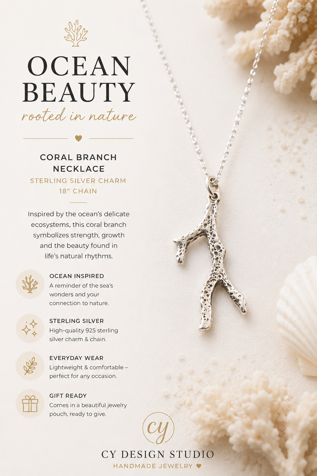 Coral Branch Necklace – Sterling Silver Ocean-Inspired Charm Necklace