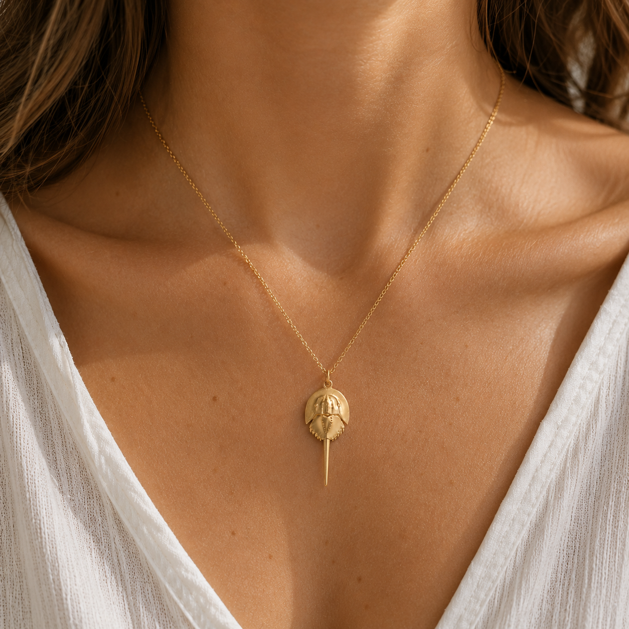 Horseshoe Crab Necklace | Bronze Coastal Pendant on Gold Filled Chain
