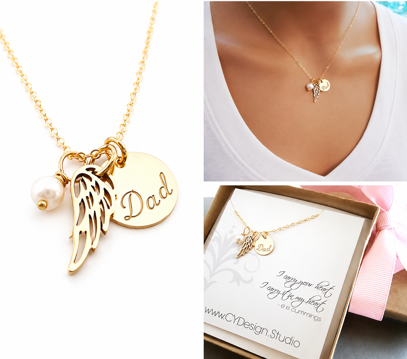Angel Wing Necklace With Pearl & Heart Disc