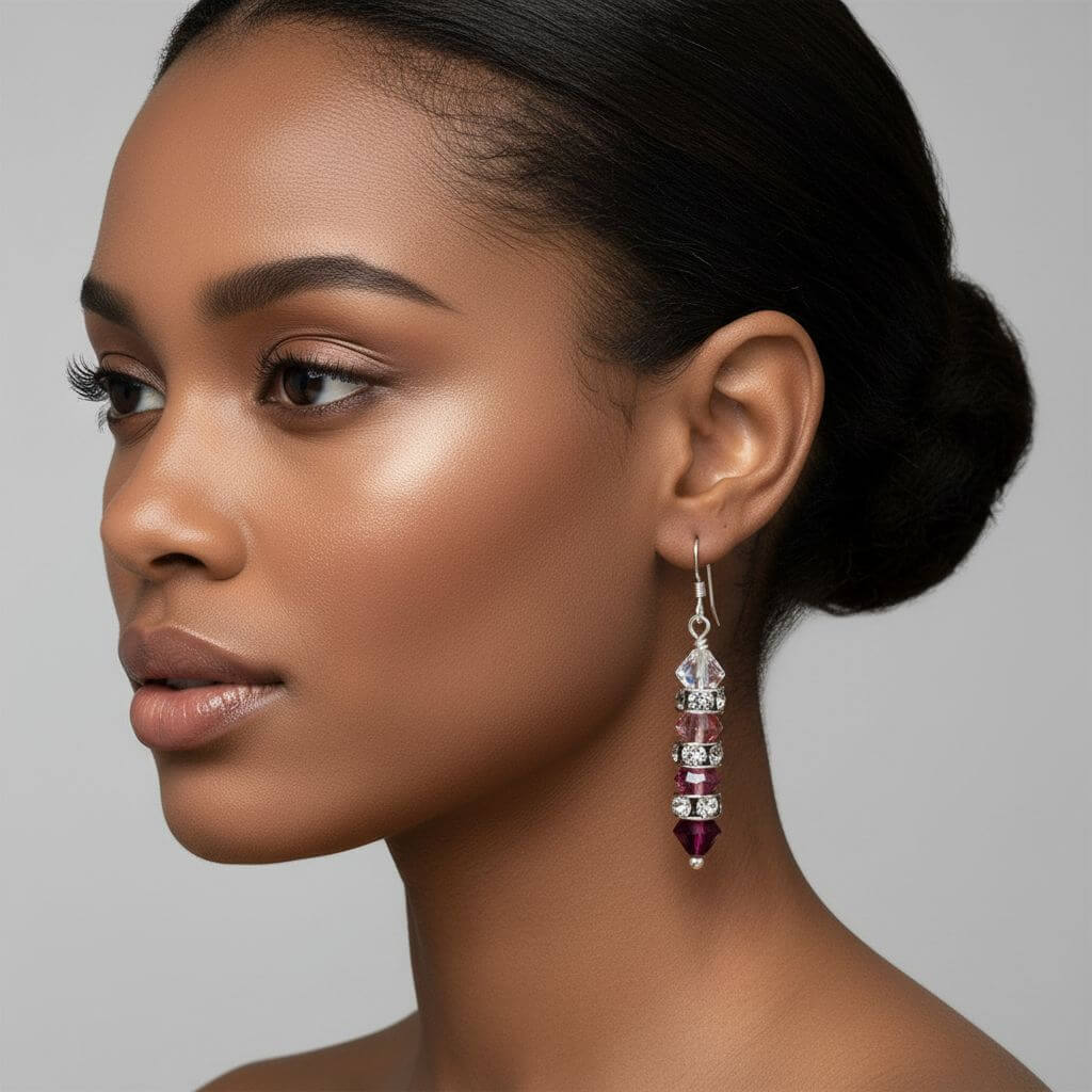 Hot Pink Ombre Stacked Crystal Sterling Silver Earrings