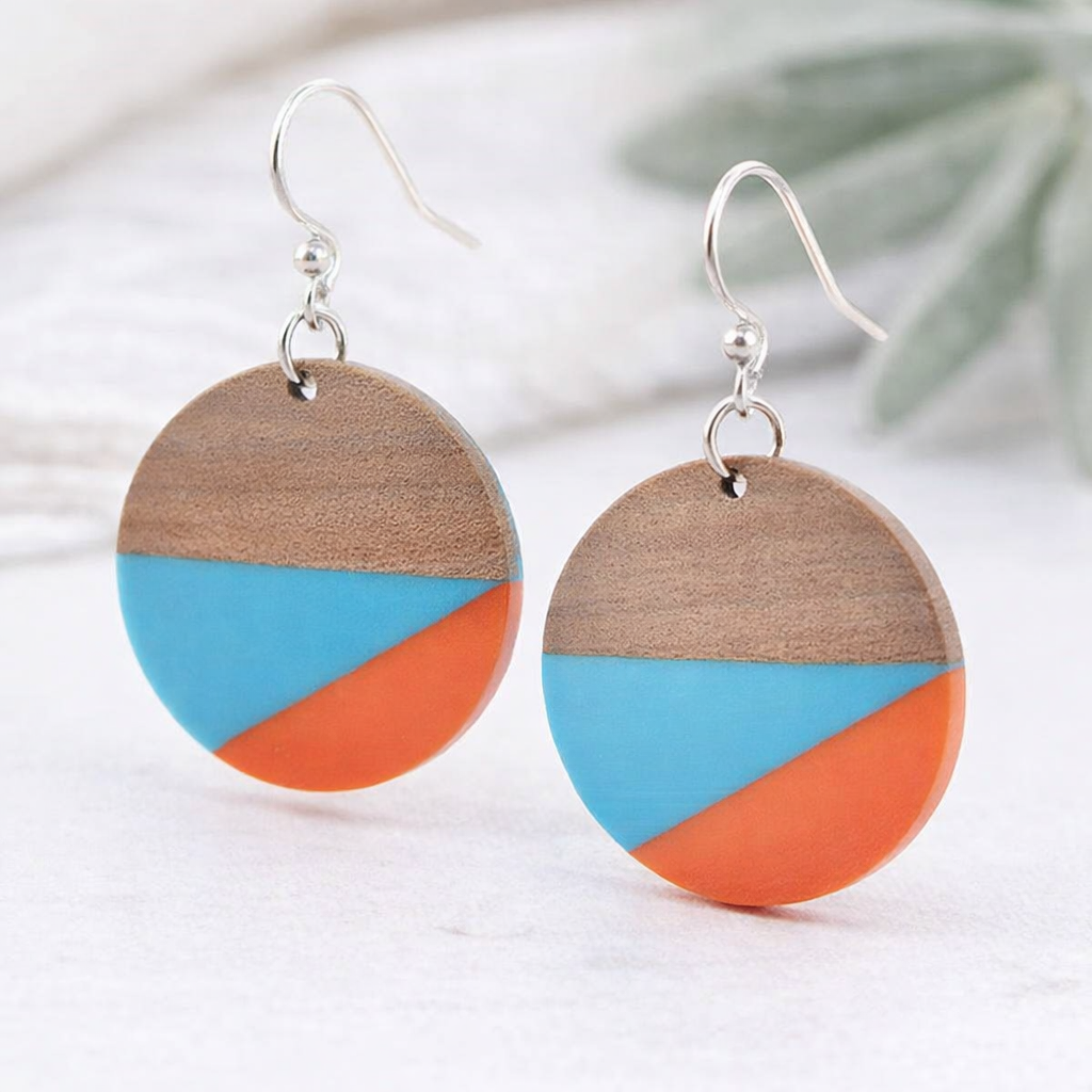 Color Block Wood & Resin Earrings – Blue Orange Retro Boho Dangles – Lightweight Sterling Silver Earwires – Handmade in USA