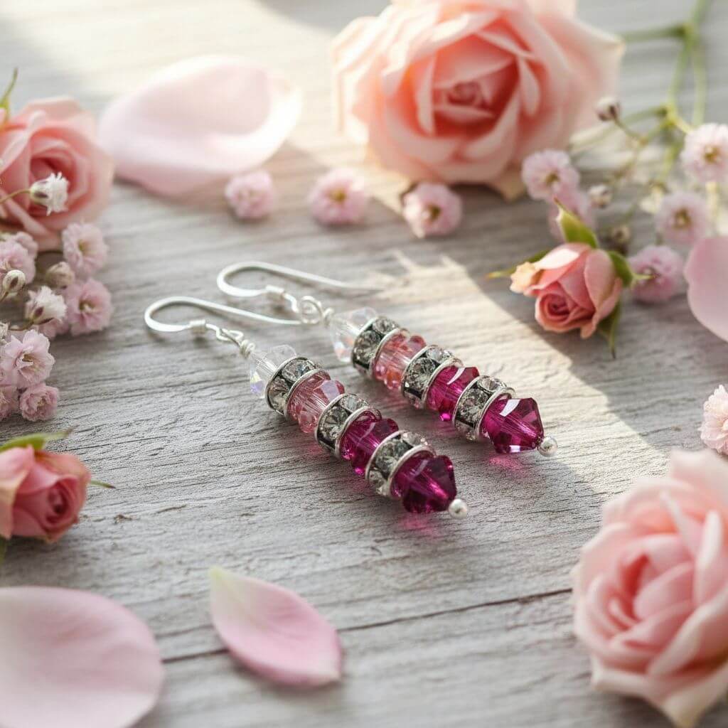 Hot Pink Ombre Stacked Crystal Sterling Silver Earrings