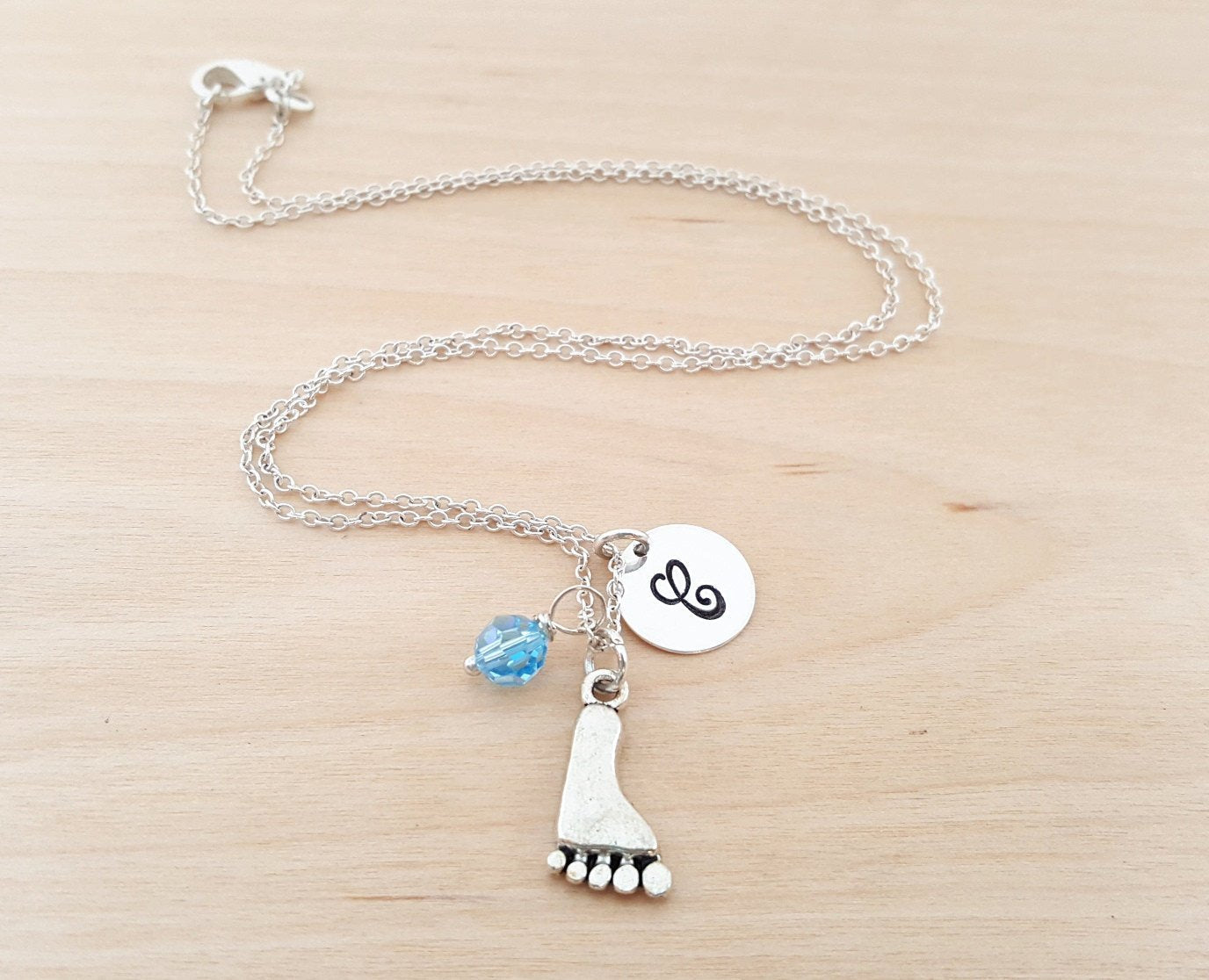 Personalized Sterling Silver Foot Charm Necklace – Custom Birthstone & Initial