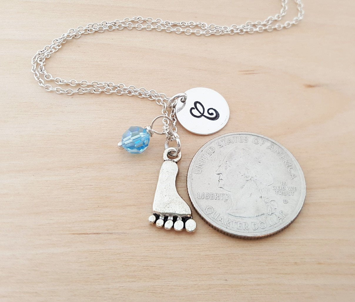 Personalized Sterling Silver Foot Charm Necklace – Custom Birthstone & Initial