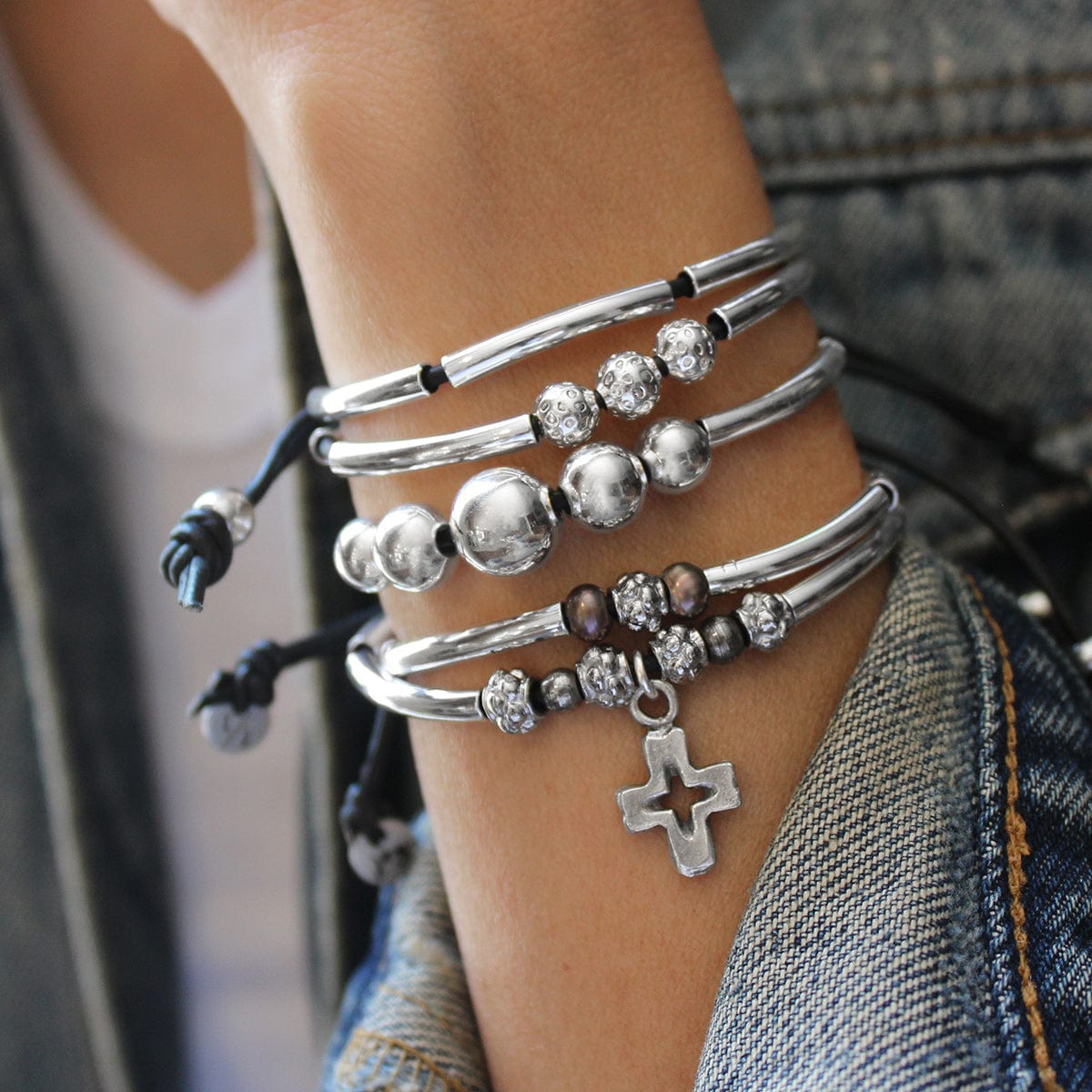 Faith Double-Strand Leather Bracelet with Silver Cross | Handmade in the USA