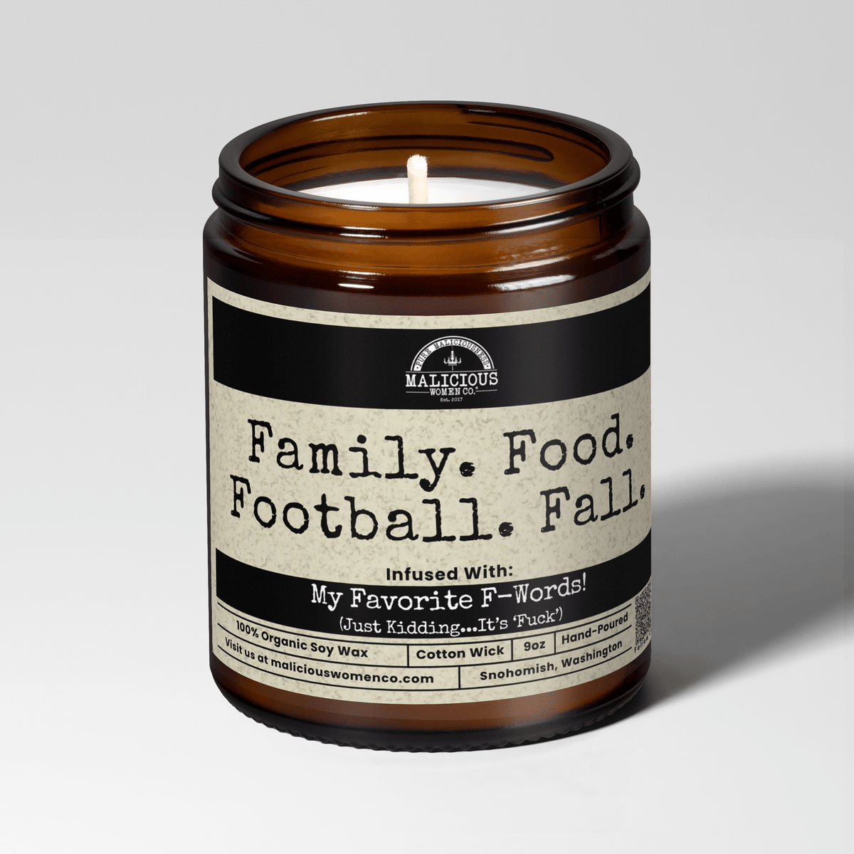 Family. Food. Football. Fall. | Scent: Vanilla Crumbcake | 9oz Fall Candle | Malicious Women Co