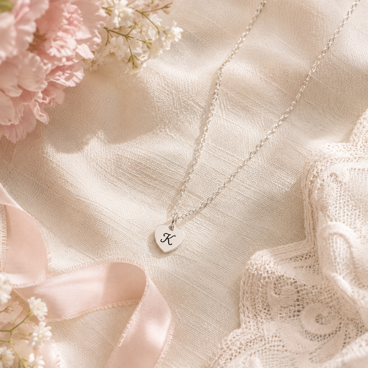 Personalized Sterling Silver Heart Flower Girl Necklace