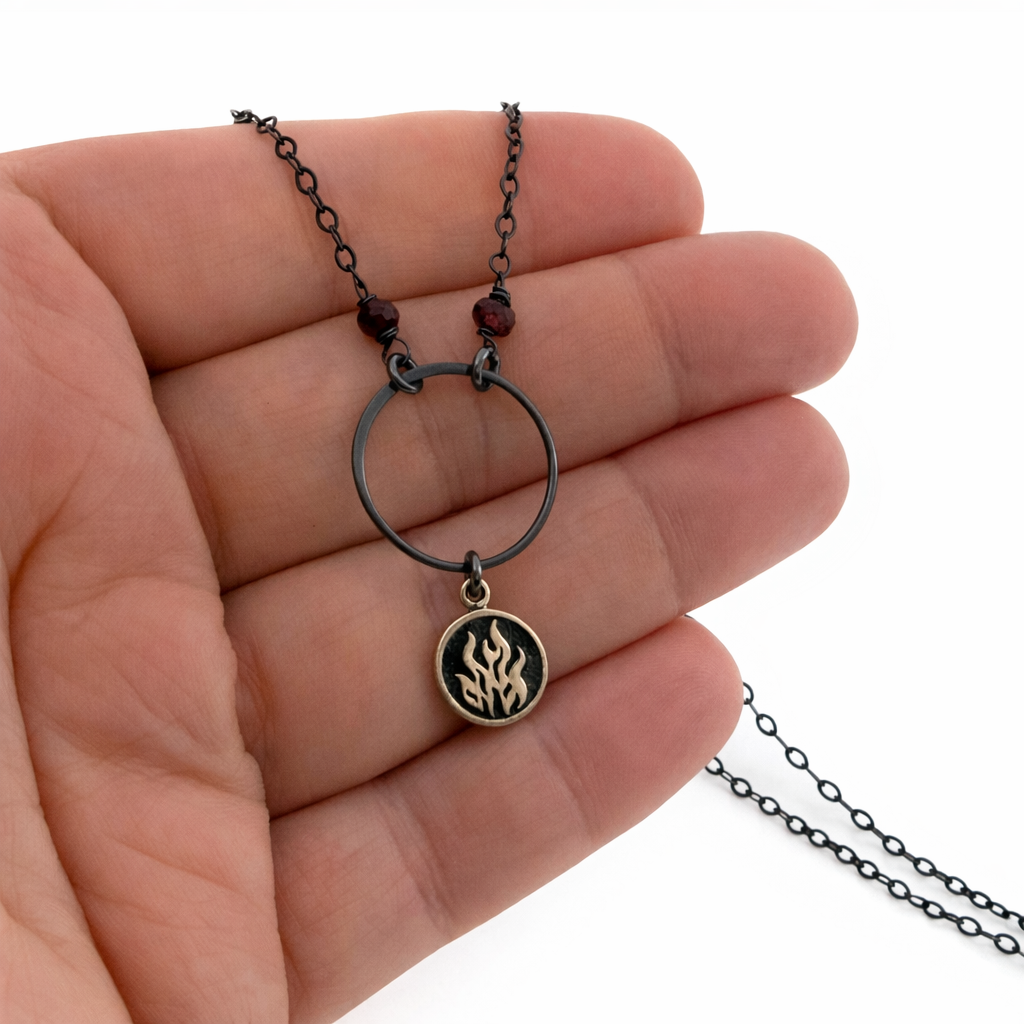 Fire Element Garnet Necklace – Oxidized Sterling Silver
