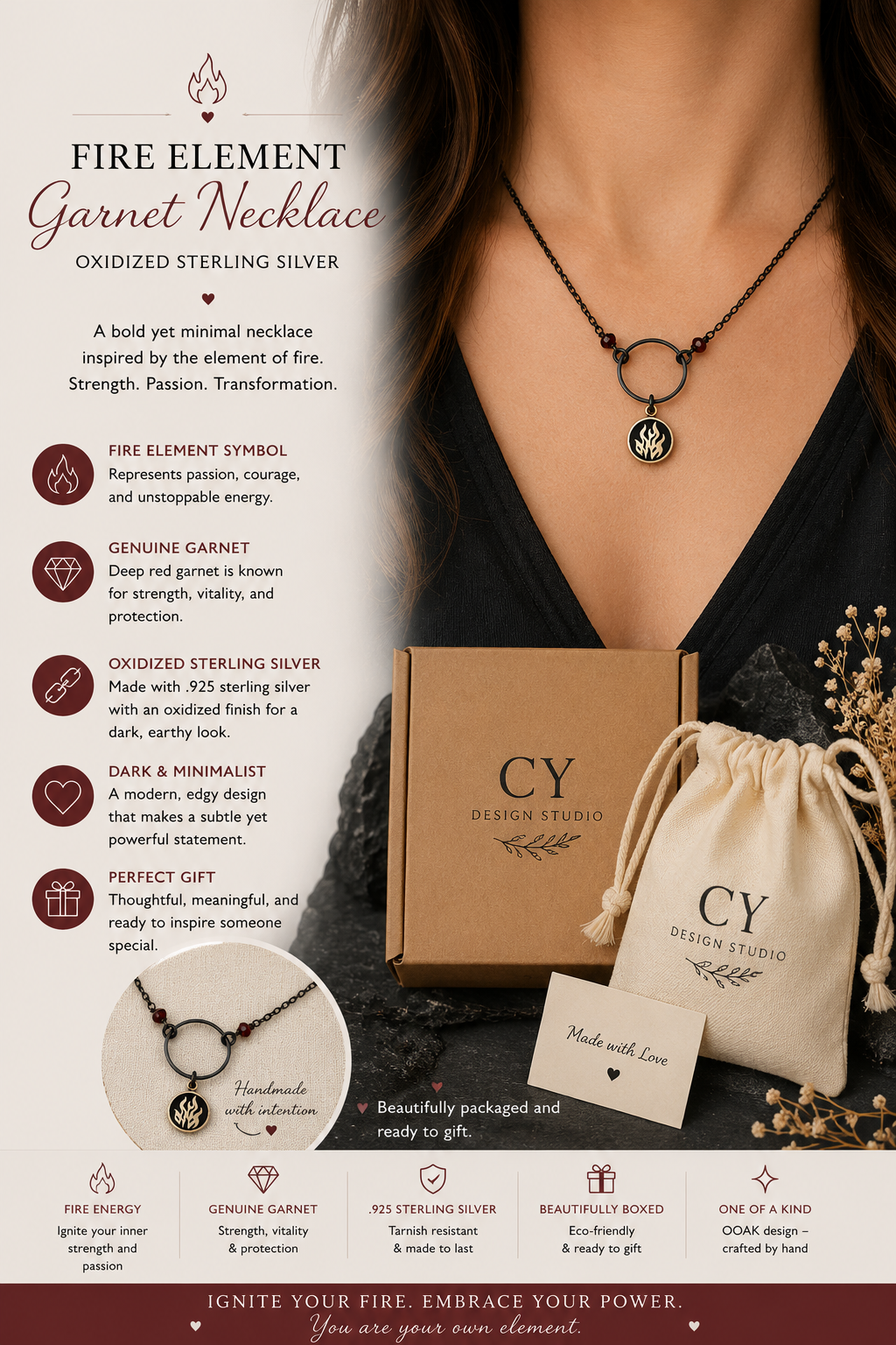 Fire Element Garnet Necklace – Oxidized Sterling Silver