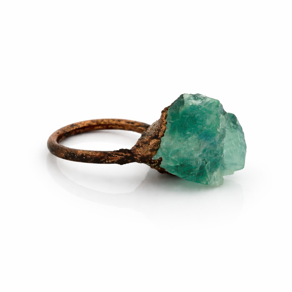 Electroformed Green Fluorite Statement Ring – One of a Kind Copper Crystal Ring – Size 5.5