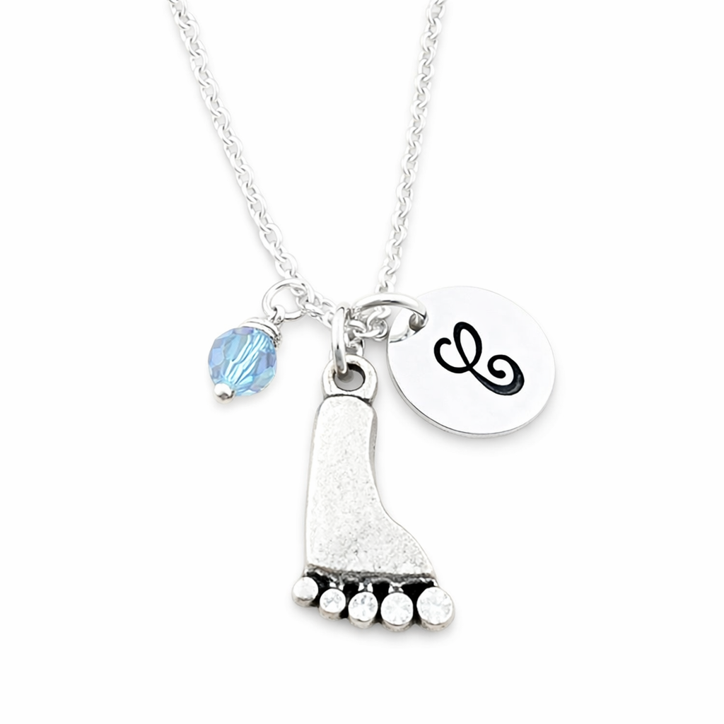Personalized Sterling Silver Foot Charm Necklace – Custom Birthstone & Initial