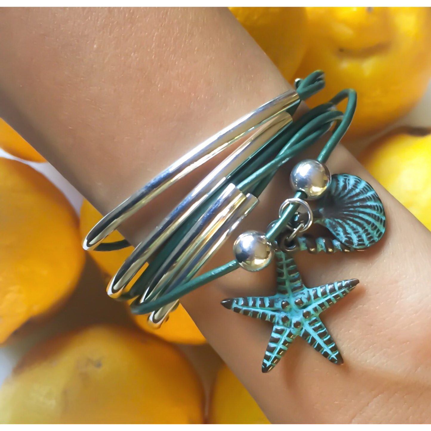 Girlfriend Teal Leather Convertible Wrap Bracelet Necklace with Nautical Trio Charms