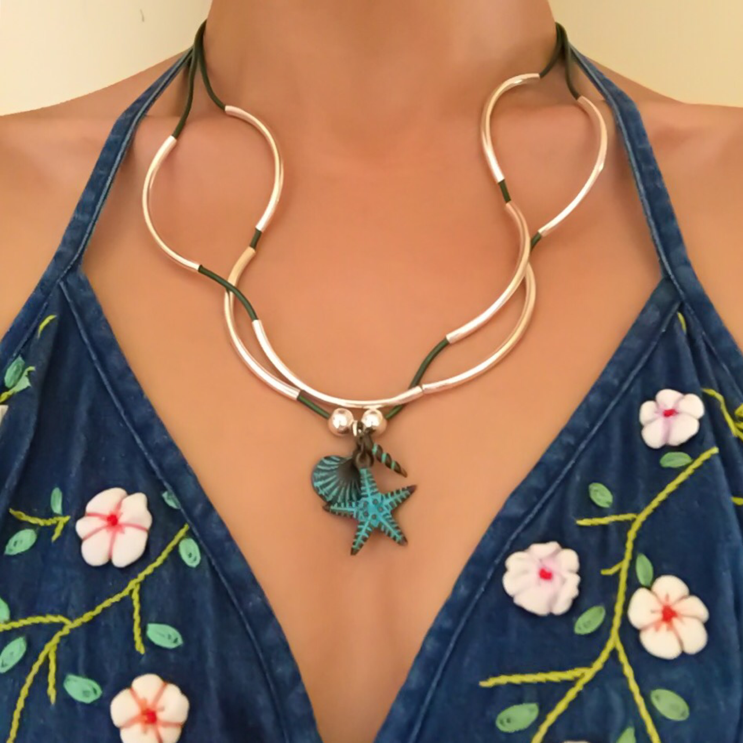 Girlfriend Teal Leather Convertible Wrap Bracelet Necklace with Nautical Trio Charms