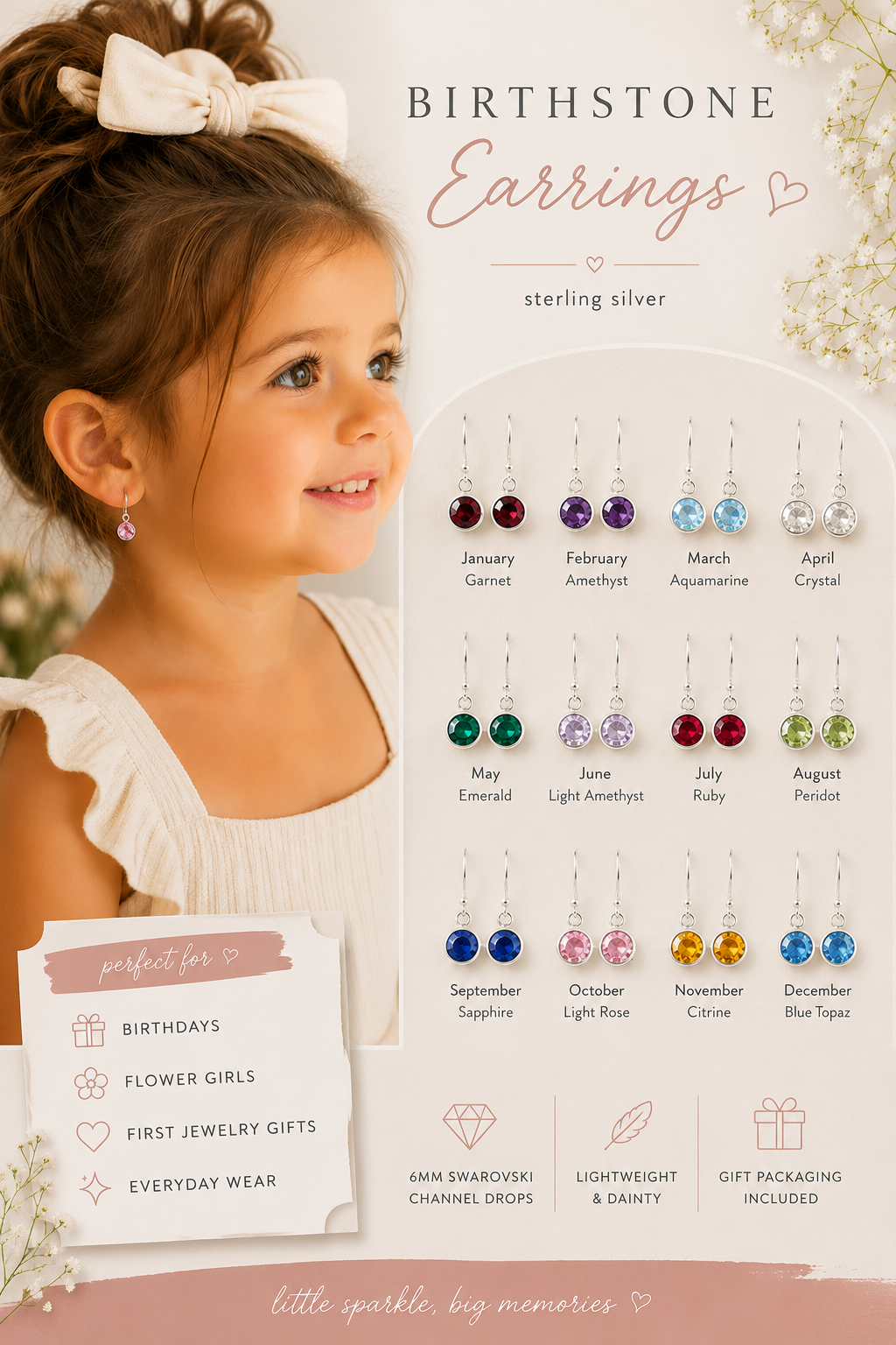 Girls Birthstone Earrings • Swarovski Crystal Drops