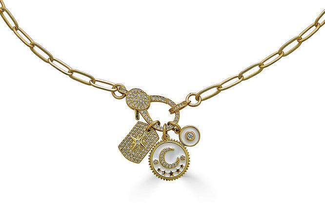 Blue Moon and Star Charm Necklace on Paperclip Chain