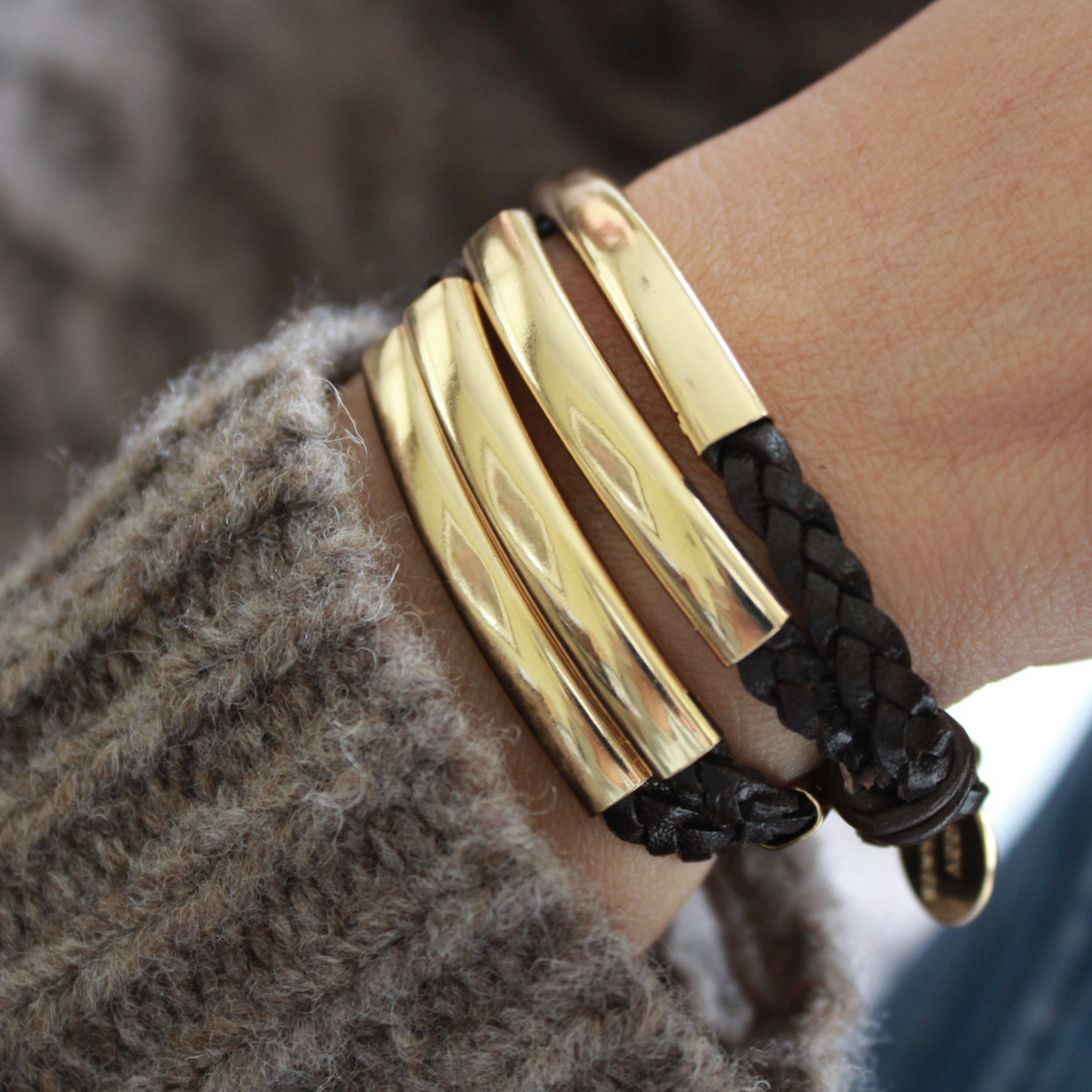 Addison – Gold Crescent & Braided Leather Wrap Bracelet