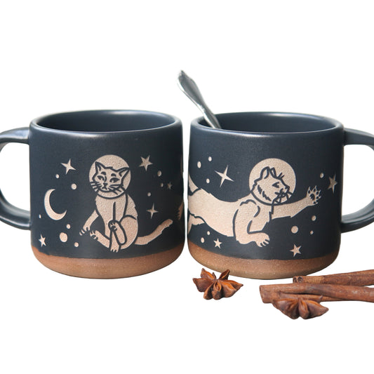 Astronaut Space Cats Mug, Forest Style Handmade Pottery