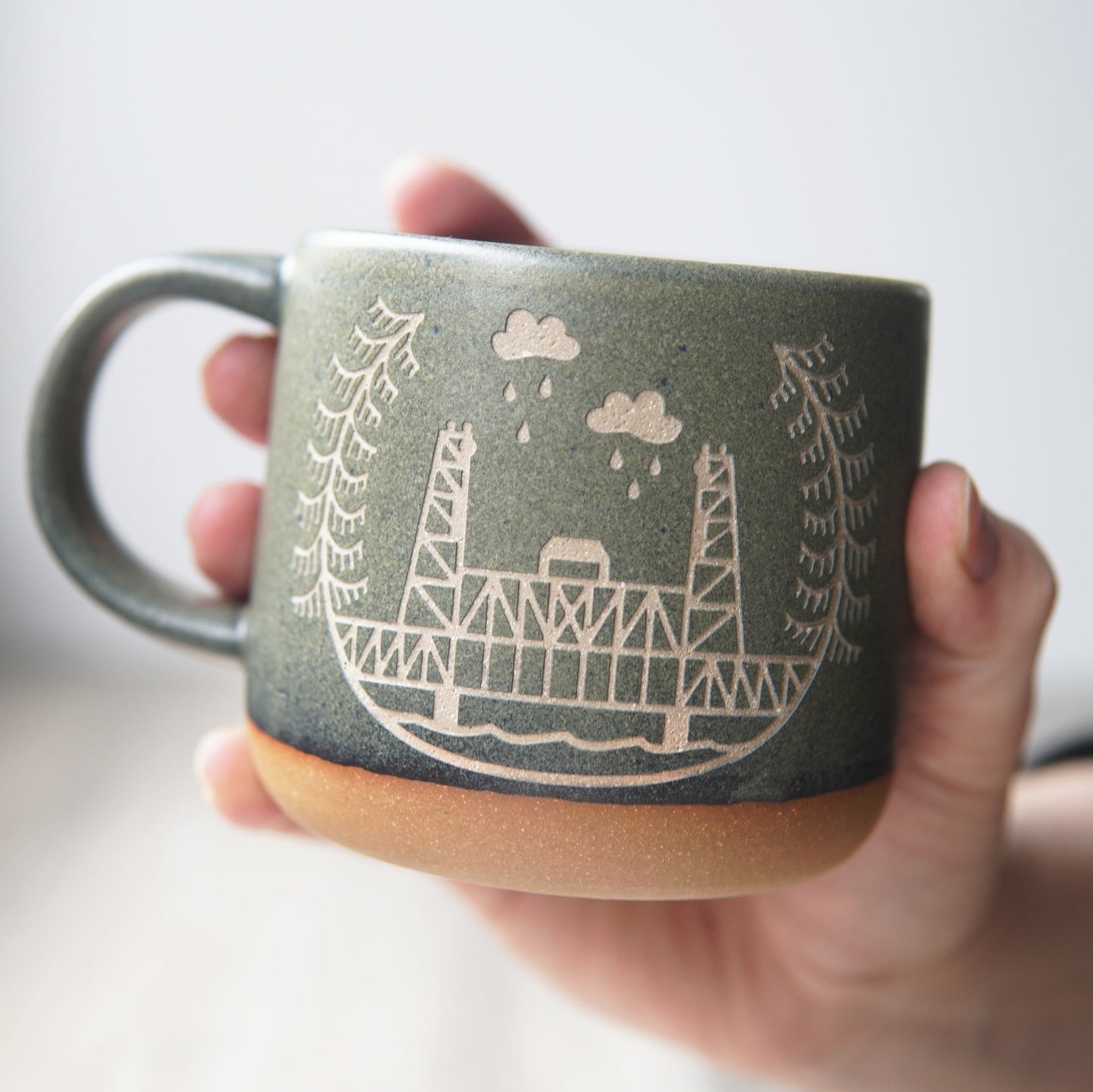 Portland Bridges Mug, Forest Style Handmade Pottery
