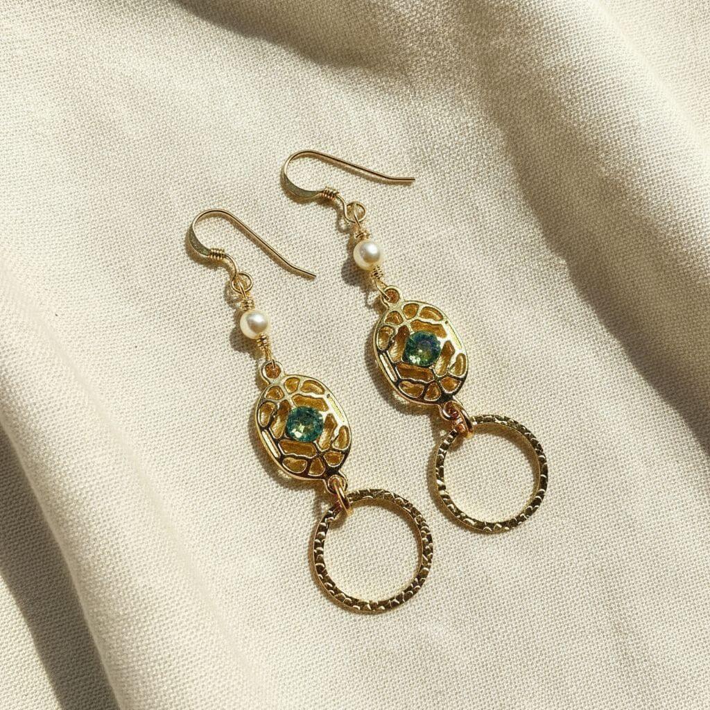 14 KT Gold Filled Green Crystal Circle Filigree Earrings