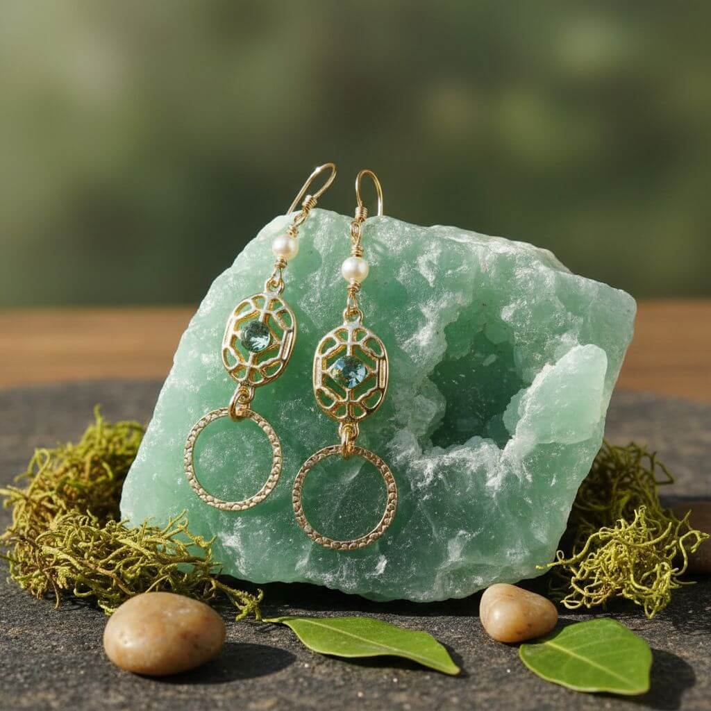 14 KT Gold Filled Green Crystal Circle Filigree Earrings