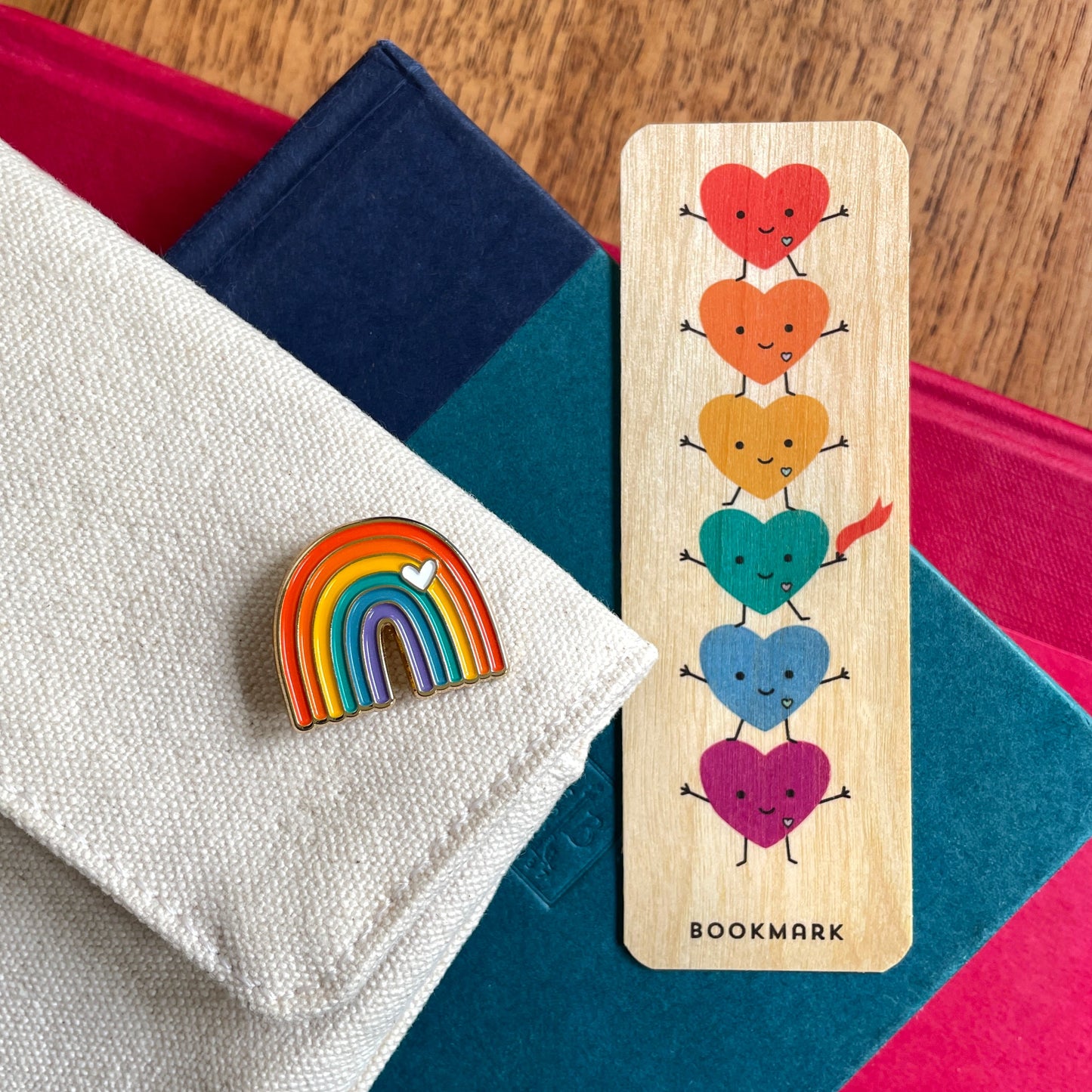 Happy Hearts Book Buddies Wood Mini Bookmark + Pin Gift Set