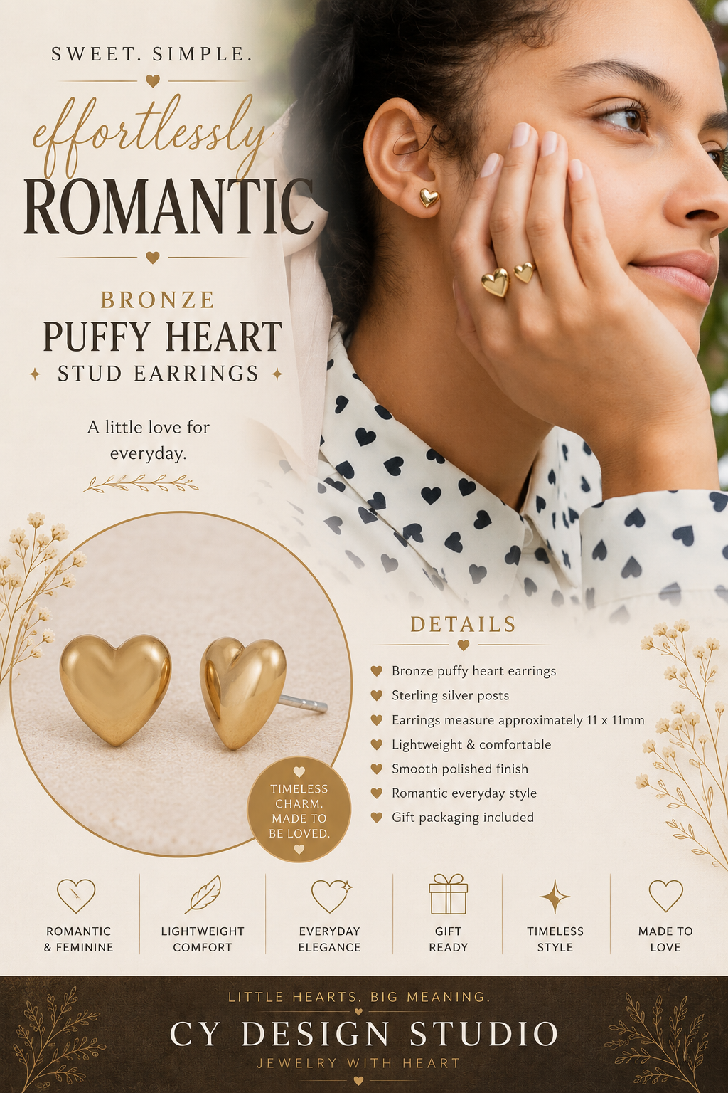 Bronze Puffy Heart Post Earrings