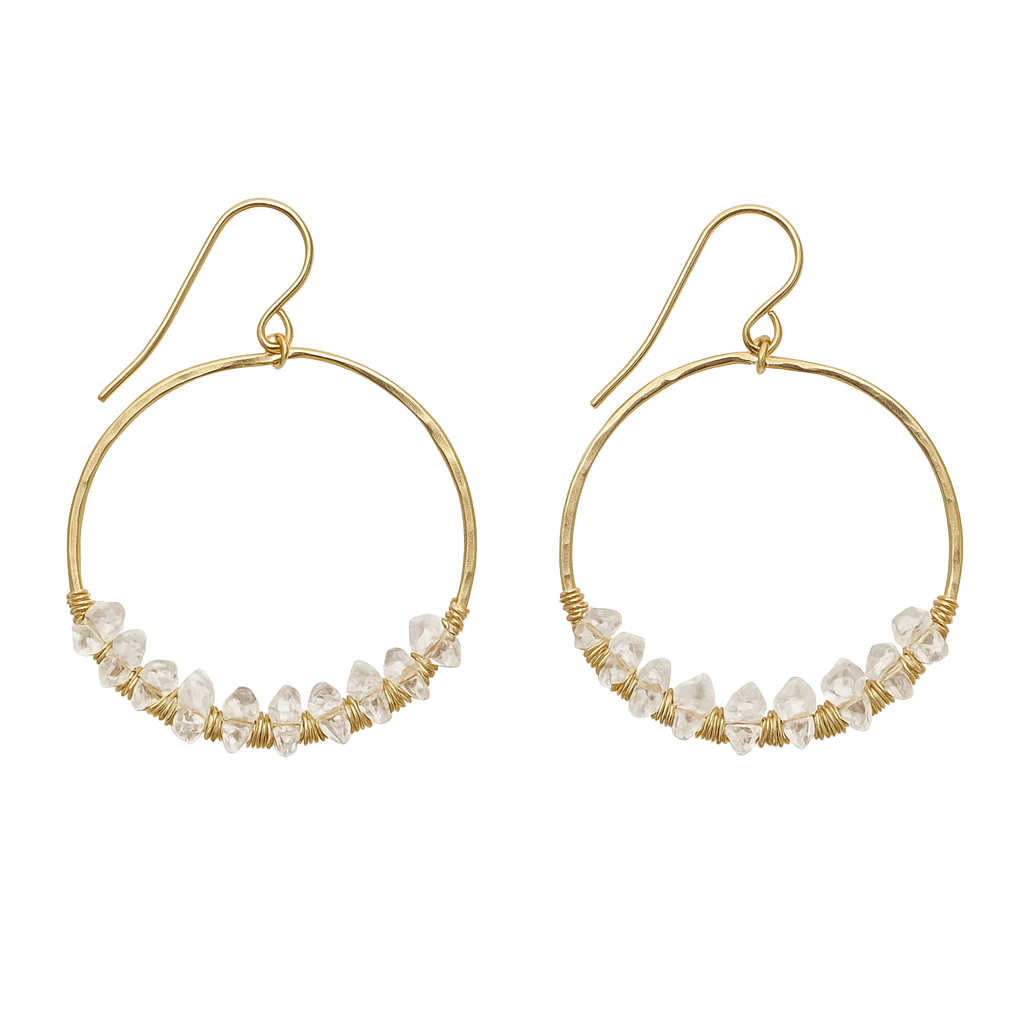 Hammered Gold Hoop Earrings with Wire-Wrapped Herkimer Diamonds – Handmade