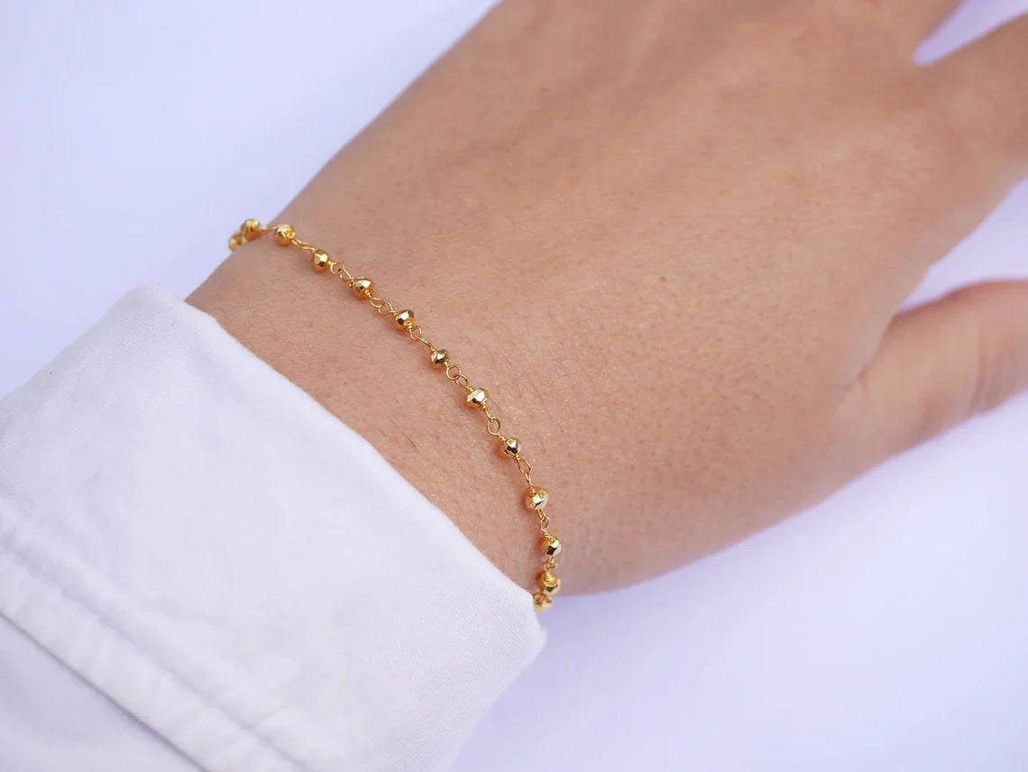 Gold Plated Pyrite Beaded Bracelet – Gold Filled, Adjustable 7–8"