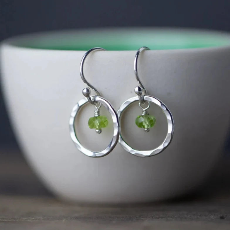 Orbit Peridot Gemstone Earrings – Sterling Silver Hammered Hoops