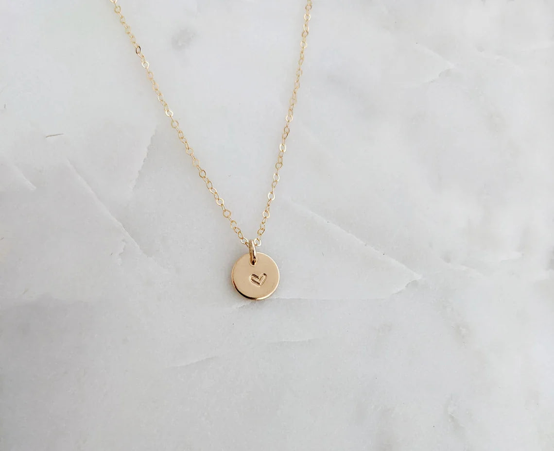 Tiny Heart Necklace – Hand Stamped 9mm Disc, 14k Gold Filled on 18" Chain