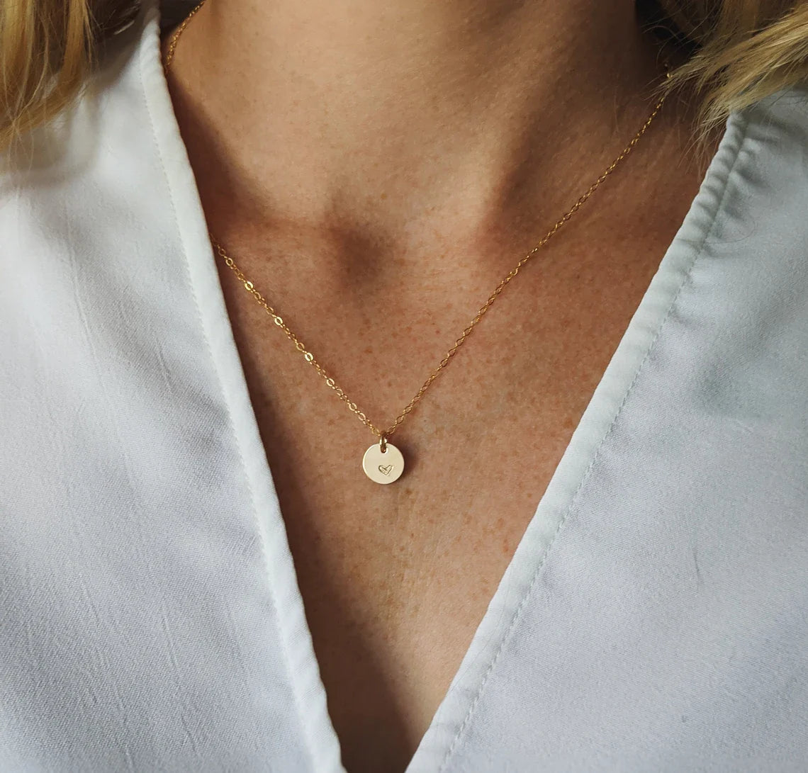 Tiny Heart Necklace – Hand Stamped 9mm Disc, 14k Gold Filled on 18" Chain